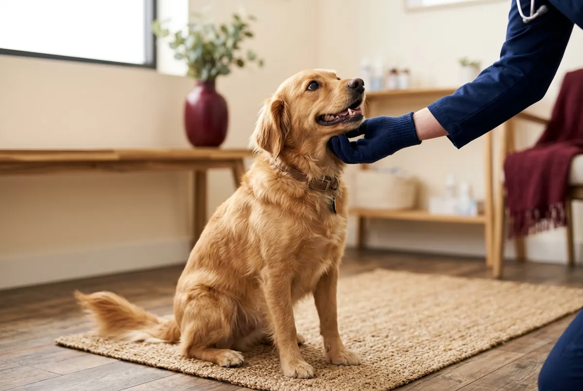 Veteriner hekime bakan mutlu bir köpek